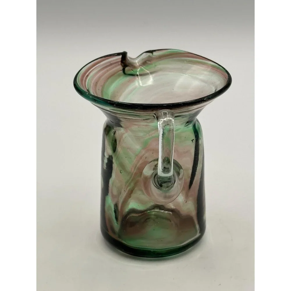 Vintage Hand-Blown Swirled Green Pink Art Glass Creamer Pitcher